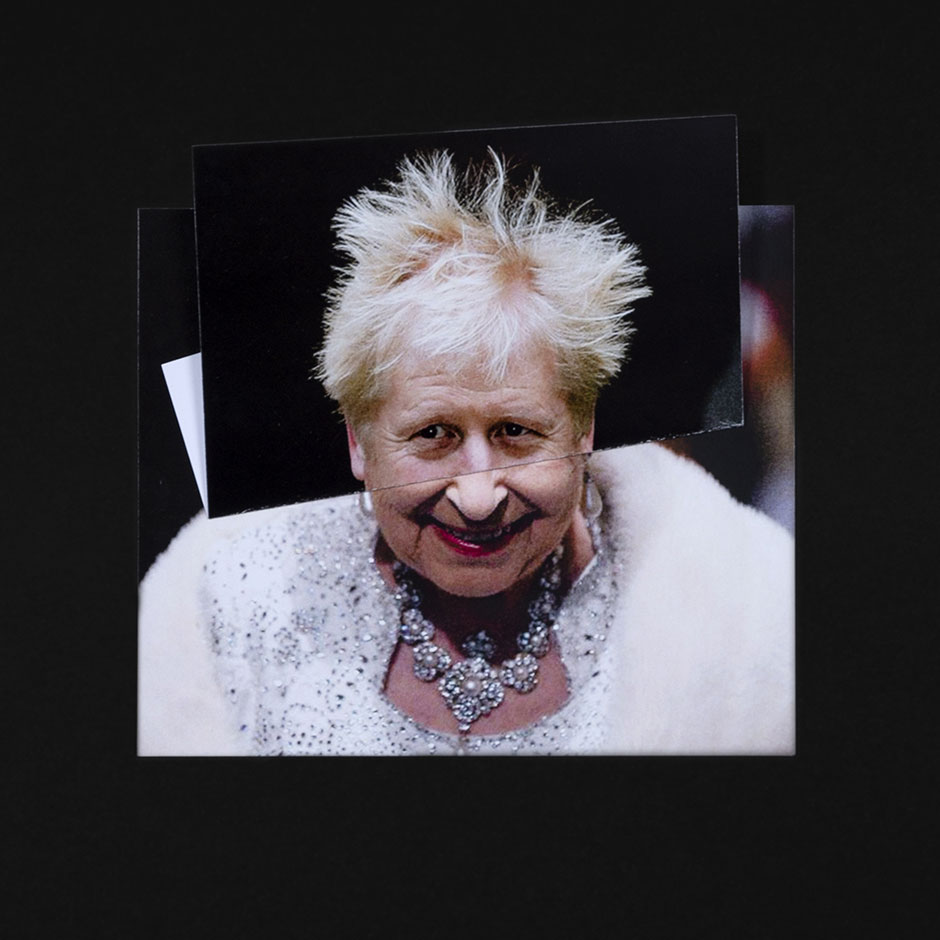 Detalle:  "BORIS - II DEL REINO UNIDO" (2021) De la Serie: "Síndrome de Proteus" (2015-2024)  Collage impreso / Imágenes de archivo  45 x 40 cm. Jesús Hdez-Güero